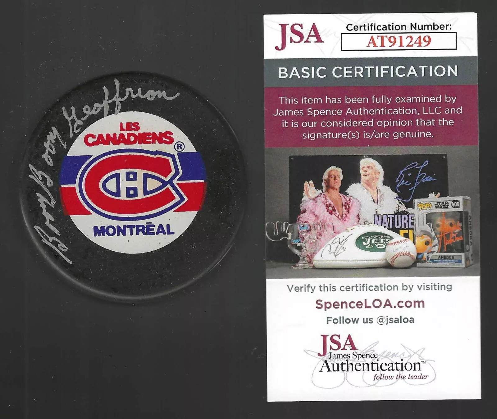 Bernie Boom Boom Geoffrion Signed Montreal Canadiens Trench Puck Silver JSA COA