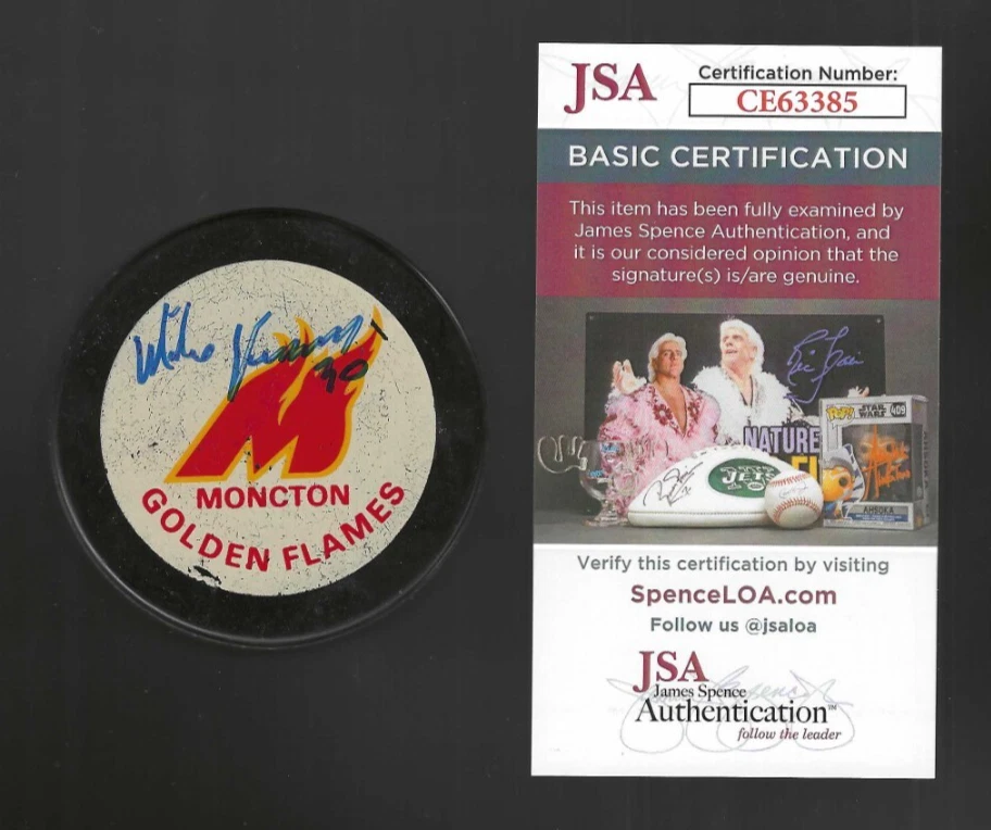Mike Vernon Signed Moncton Golden Flames Official Game Puck JSA COA