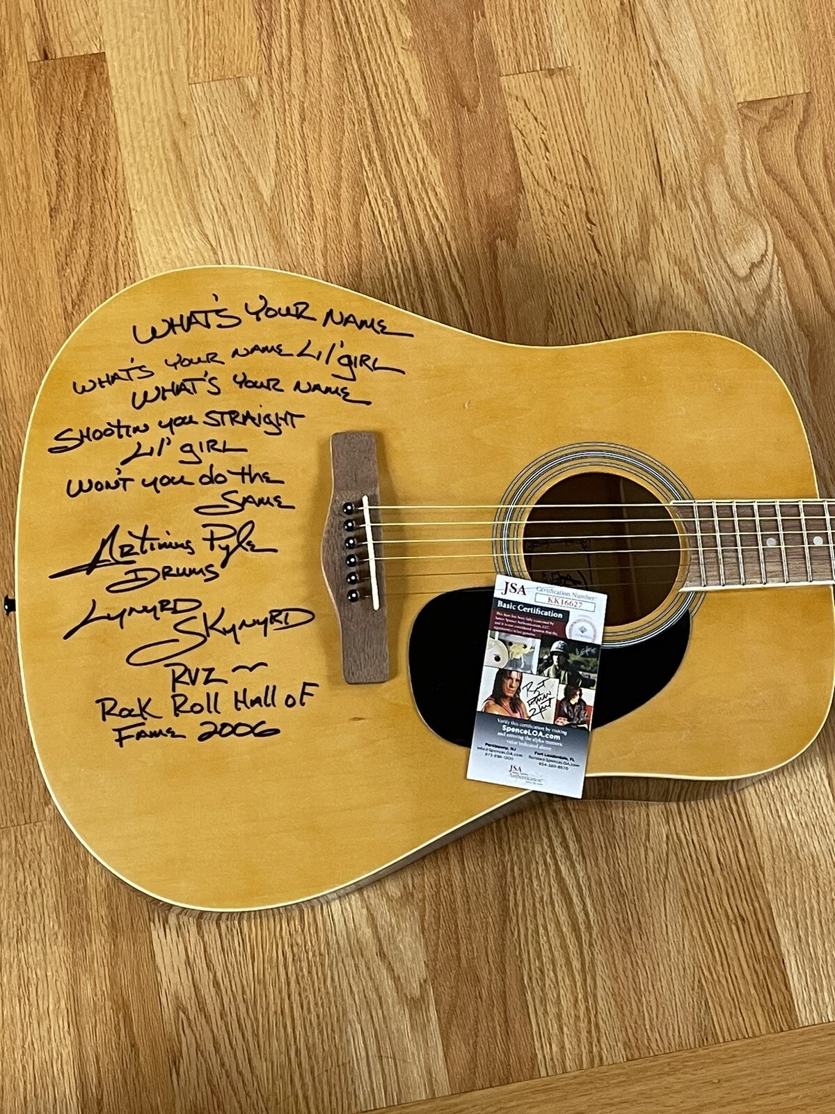 Artimus Pyle Signed Acoustic Guitar What’s Your Name Lyrics JSA Lynyrd Skynyrd