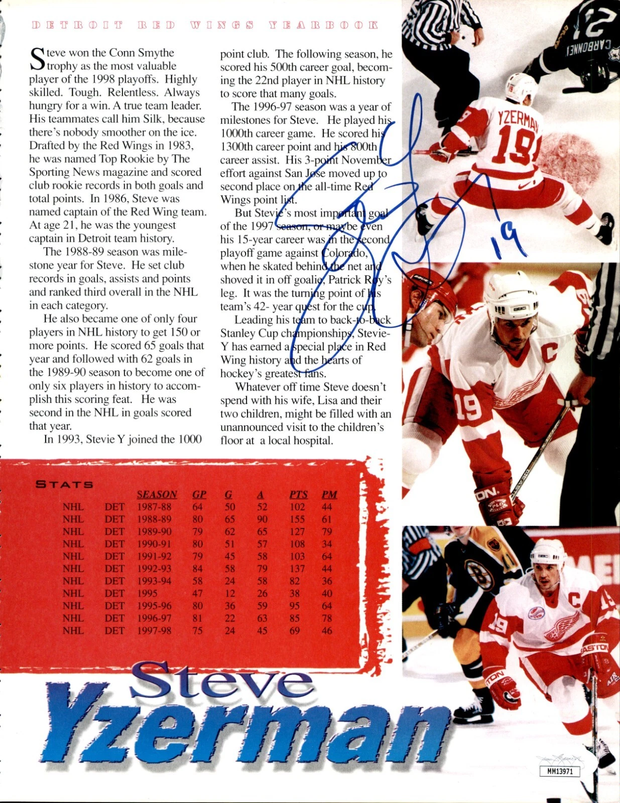 Steve Yzerman Signed Vintage Detroit Red Wings Magazine Program Page JSA COA