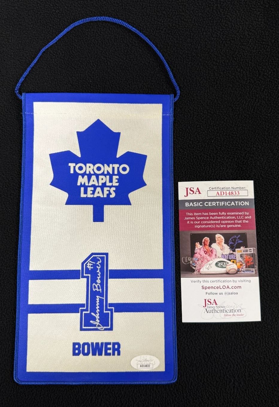 Johnny Bower Signed Toronto Maple Leafs Mini Banner JSA COA