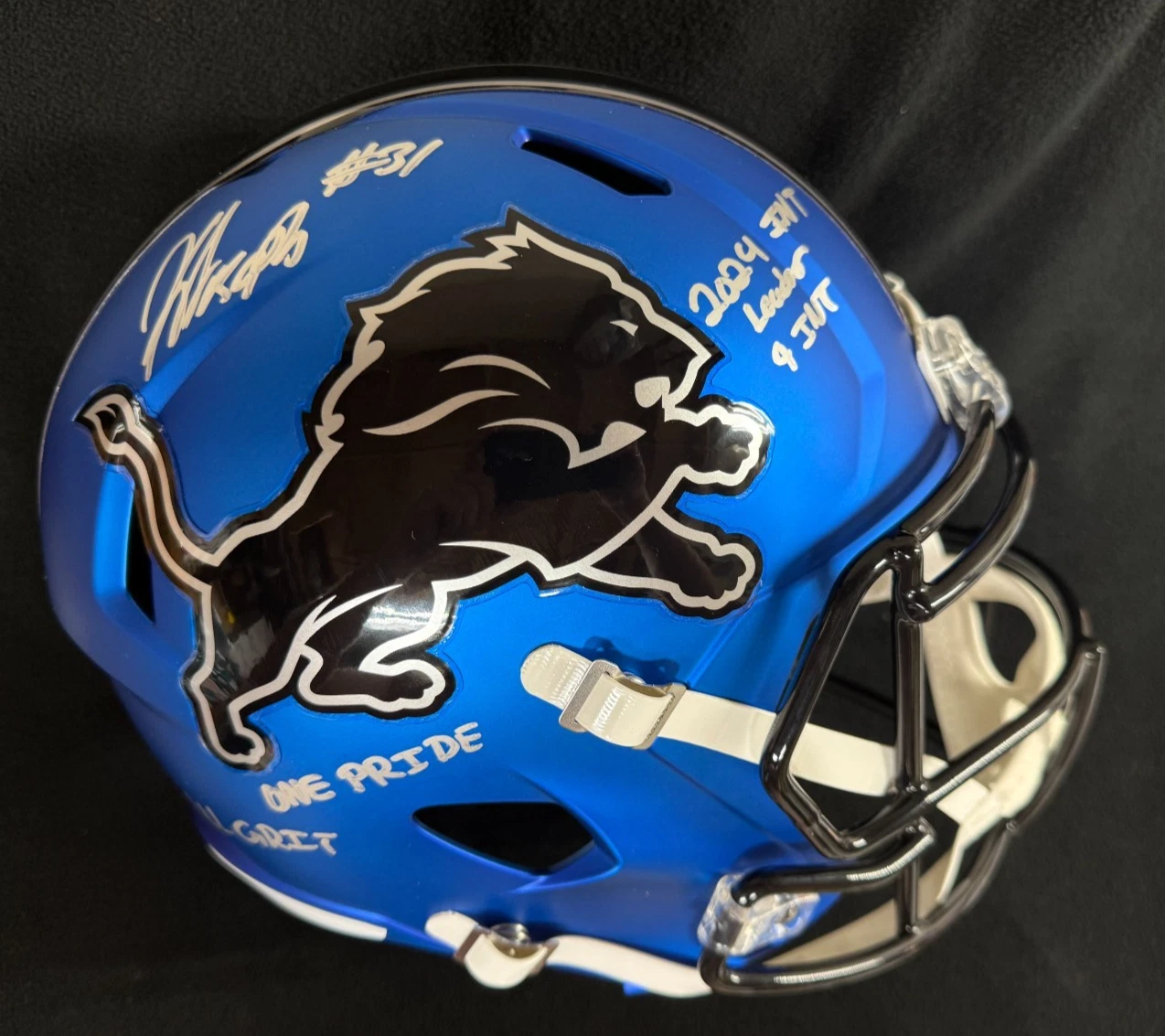 Kerby Joseph Signed & 4x Inscribed Detroit Lions Blue Full Size Helmet JSA COA