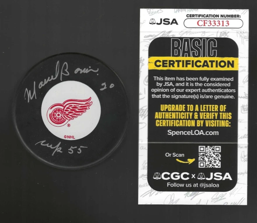 Marcel Bonin Signed & Inscribed Detroit Red Wings Puck JSA COA