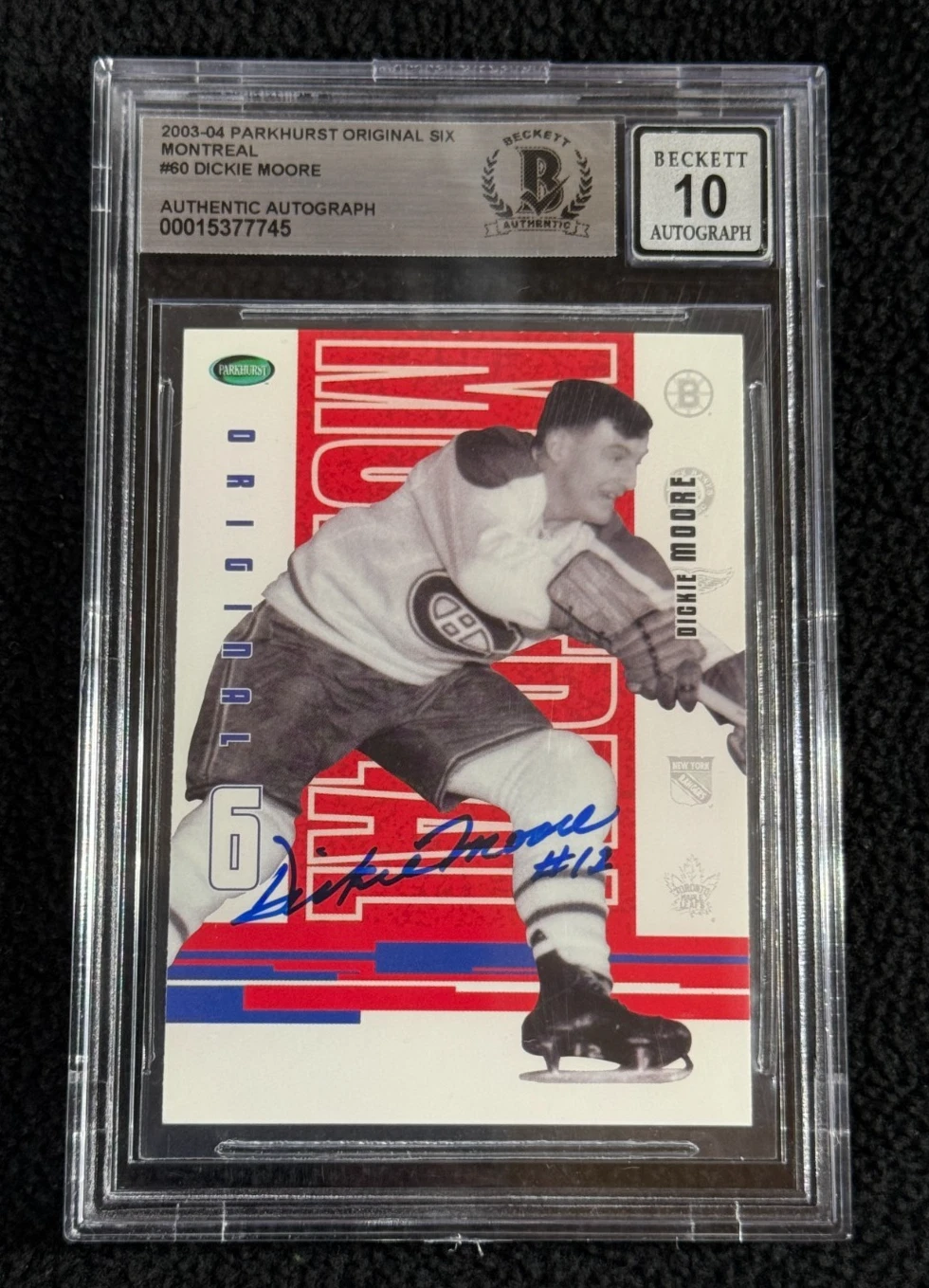 Dickie Moore Signed 2003/04 Parkhurst Original Six Card #60 BAS Auto 10