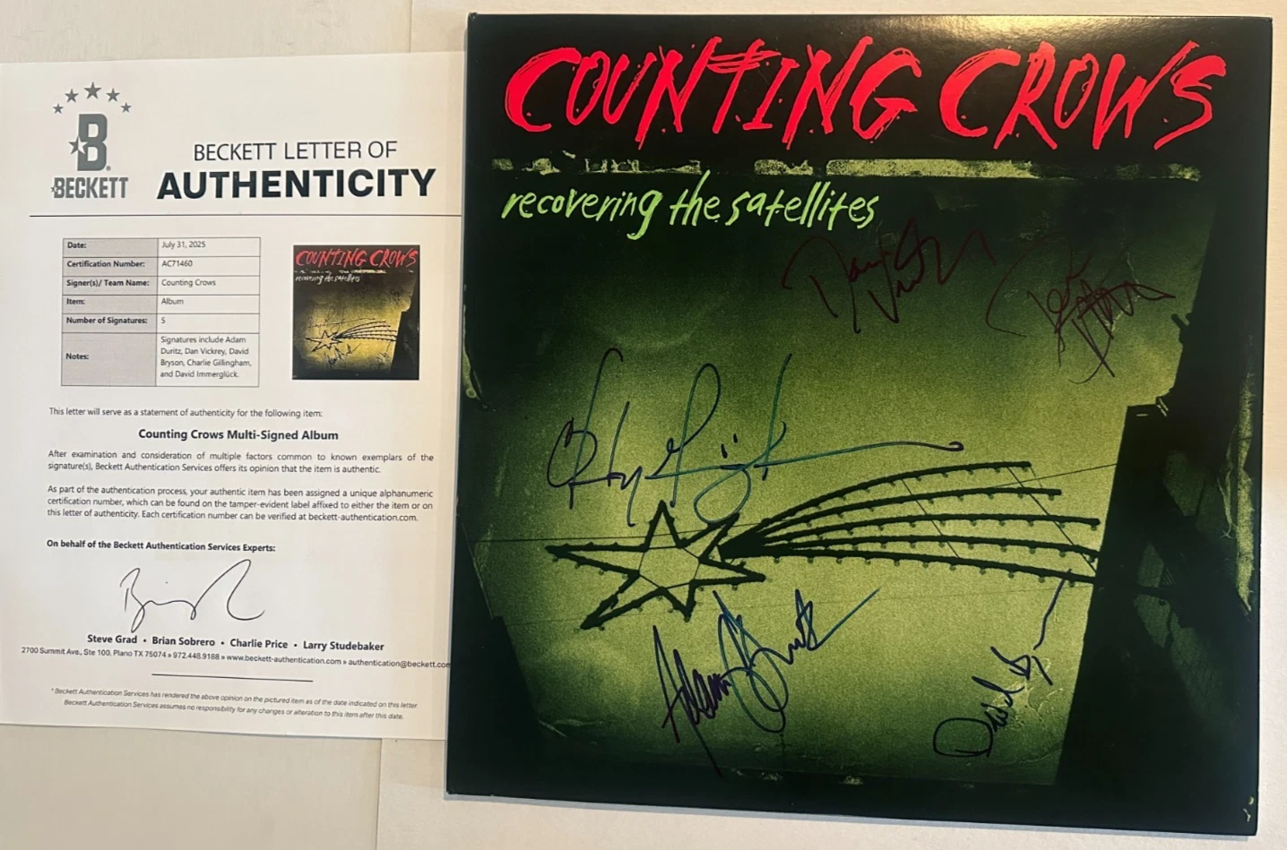 COUNTING CROWS Signed RECOVERING SATELLITES LP ALBUM COVER Beckett LOA COMPLETE!