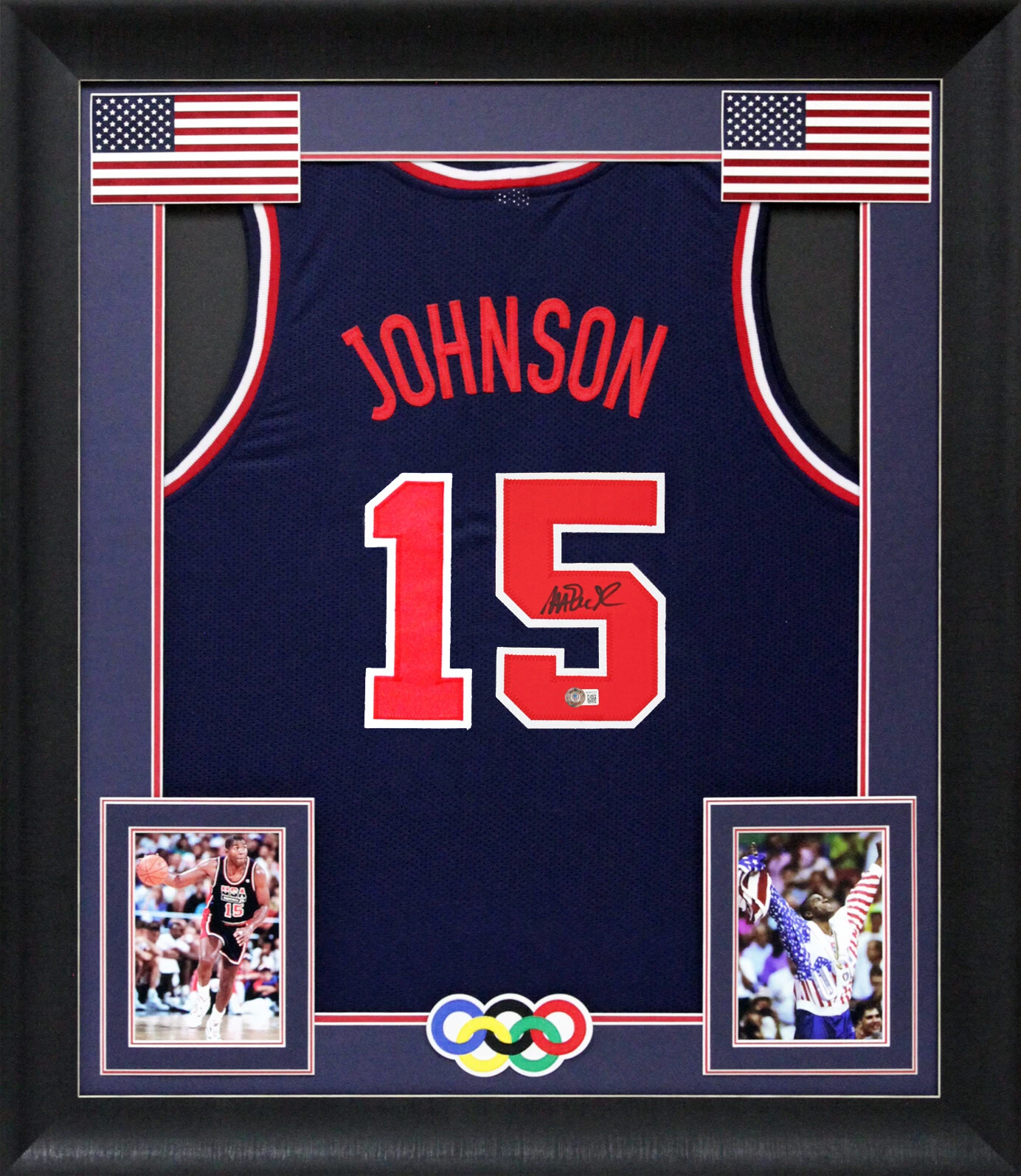 Magic Johnson  Team USA Authentic Signed Navy Blue Framed Jersey BAS Witnessed