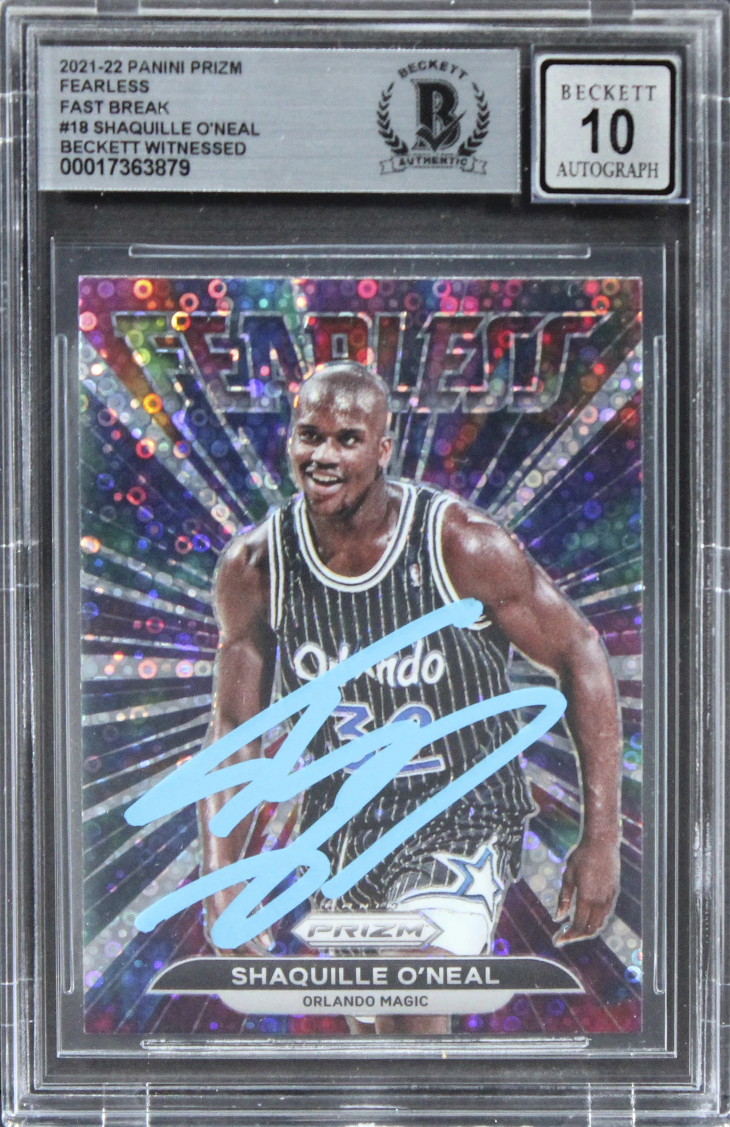 SHAQUILLE O’NEAL SIGNED 2021 PANINI PRIZM FEARLESS FB #18 CARD AUTO 10! BAS SLAB COLLECTIBLE MEMORABILIA