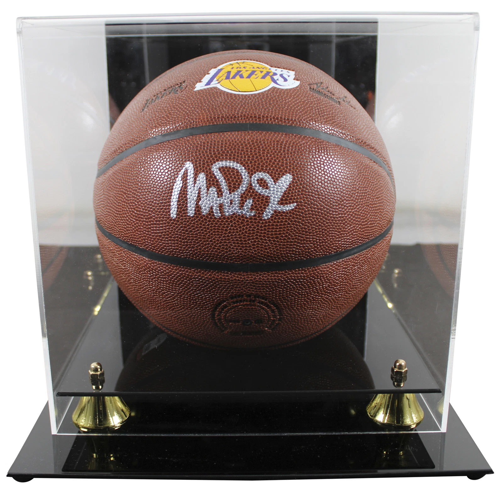 Lakers Magic Johnson  Signed Brown Wilson Lakers Logo Basketball w/ Case BAS Wit