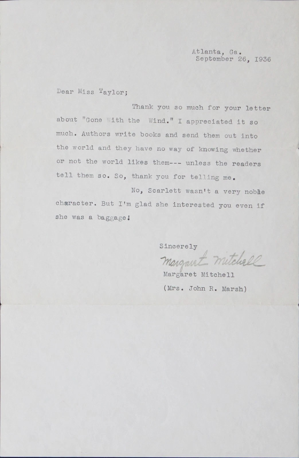 Margaret Mitchell Gone with the Wind Authentic Signed 1936 Letter BAS #AE13263