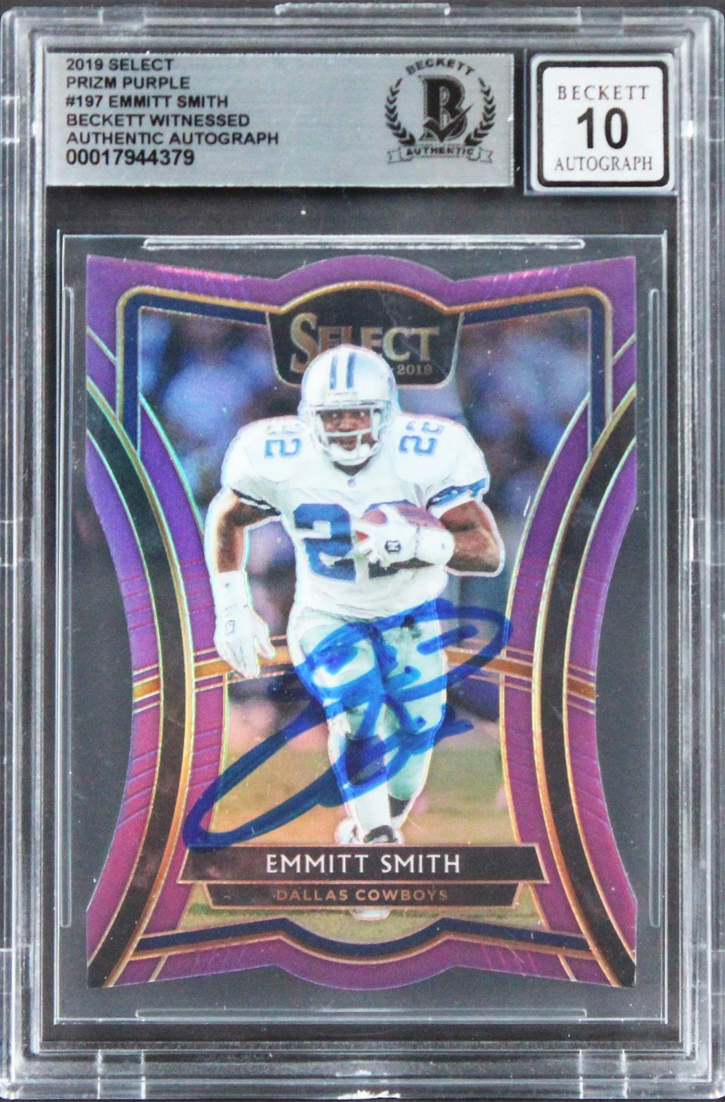 Cowboys Emmitt Smith Signed 2019 Select Prizm Purple #197 Card Auto 10! BAS Slab