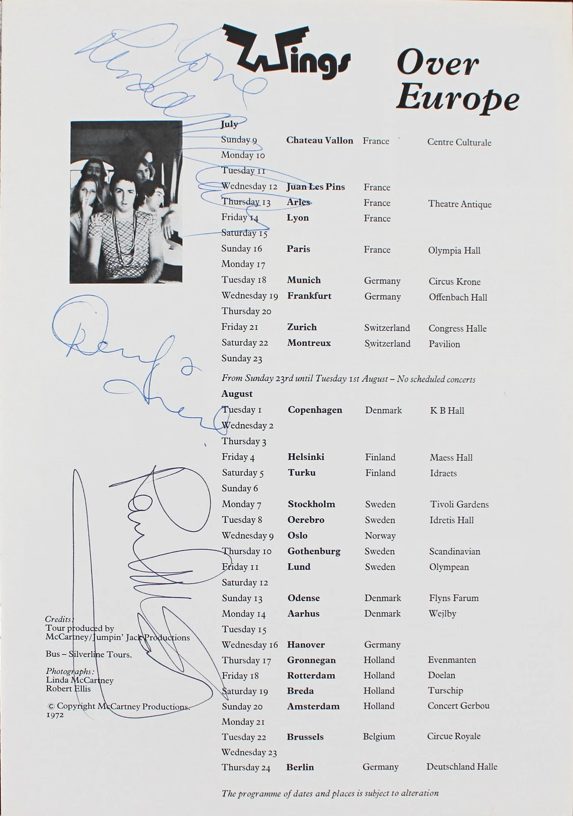 (3) Linda & Paul McCartney, Denny Lane Signed Wings Over Europe Tour Program BAS