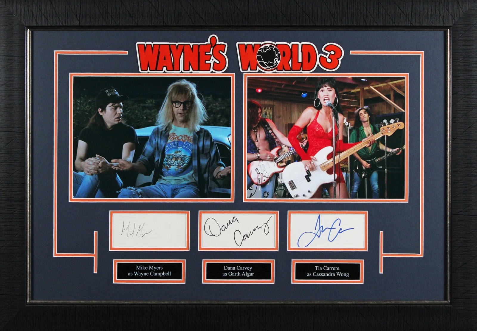 WAYNE’S WORLD MIKE MYERS, DANA CARVEY & TIA CARRERE SIGNED FRAMED DISPLAY BAS COLLECTIBLE MEMORABILIA