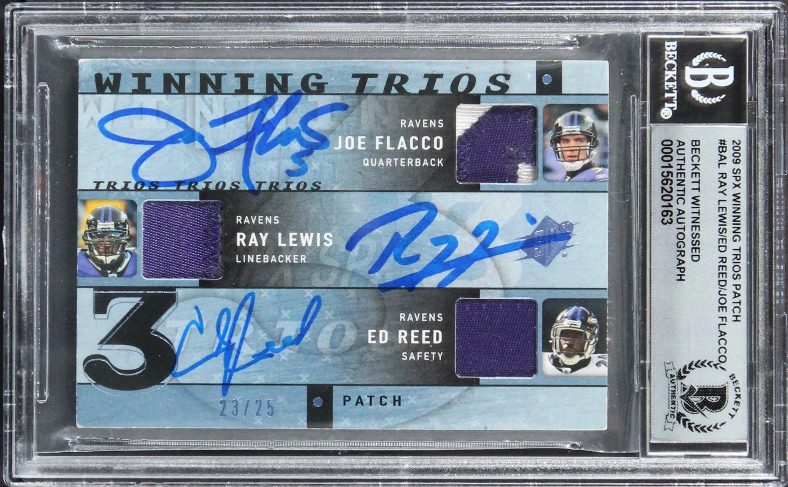 (3) FLACCO, LEWIS & REED SIGNED 2009 SPX TRIOS #BAL #23/25 CARD AUTO 10 BAS SLAB COLLECTIBLE MEMORABILIA