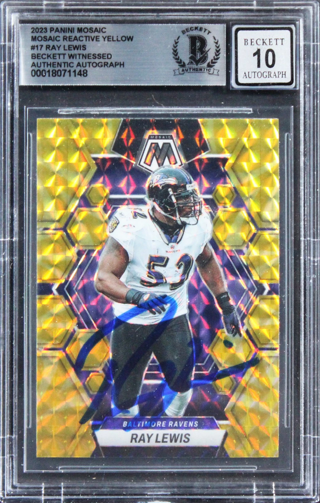 Ray Lewis Signed 2023 Panini Mosaic Reactive Yellow #17 Card Auto 10! BAS Slab