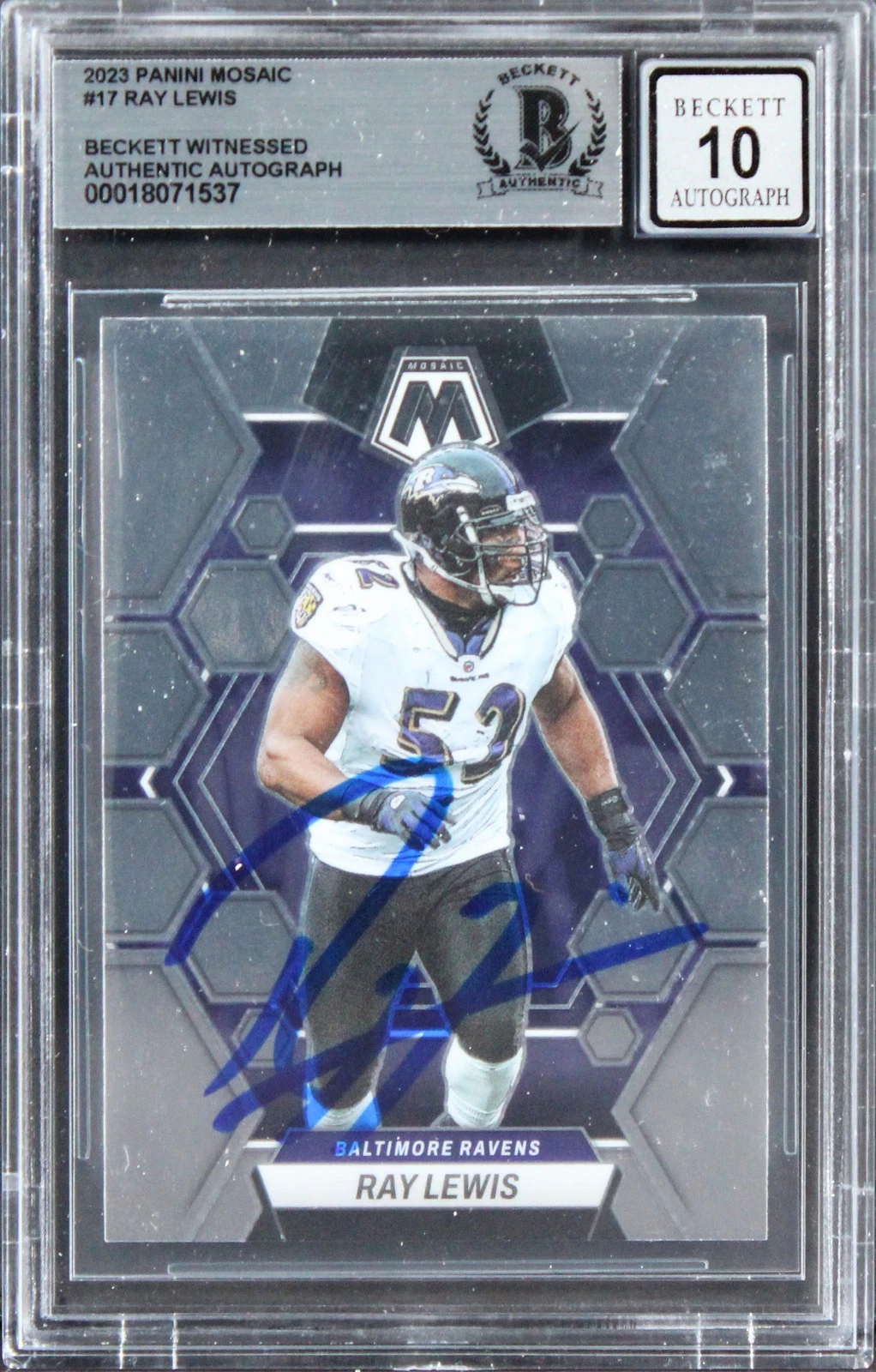 Ravens Ray Lewis Signed 2023 Panini Mosaic #17 Card Auto Graded 10! BAS Slabbed