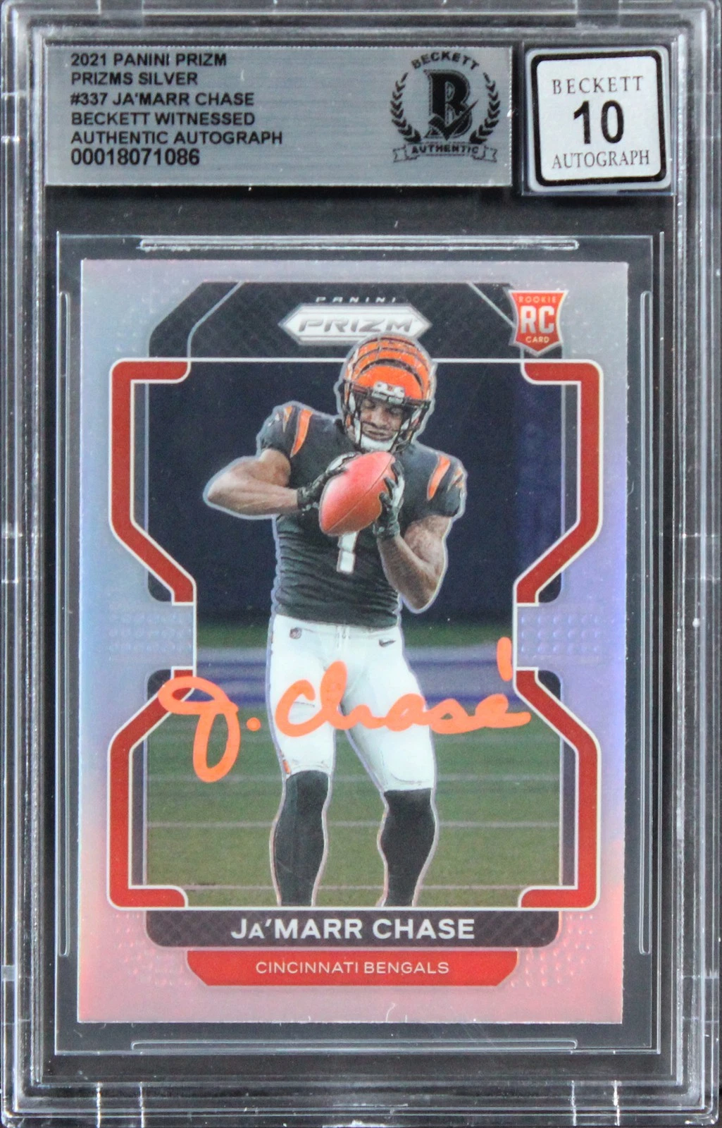 Bengals Ja'Marr Chase Signed 2021 Panini Prizm Silv #337 Card Auto 10! BAS Slab