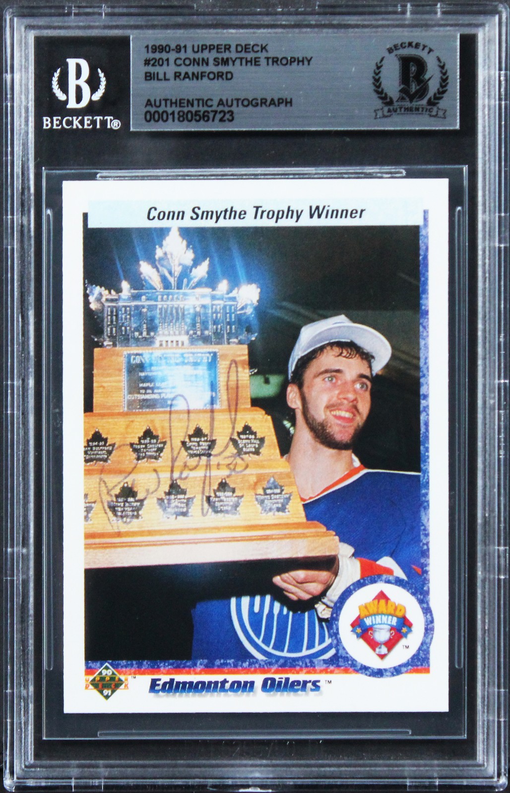 Oilers Bill Ranford Signed 1990 Upper Deck Conn Smythe Trophy #201 Card BAS Slab