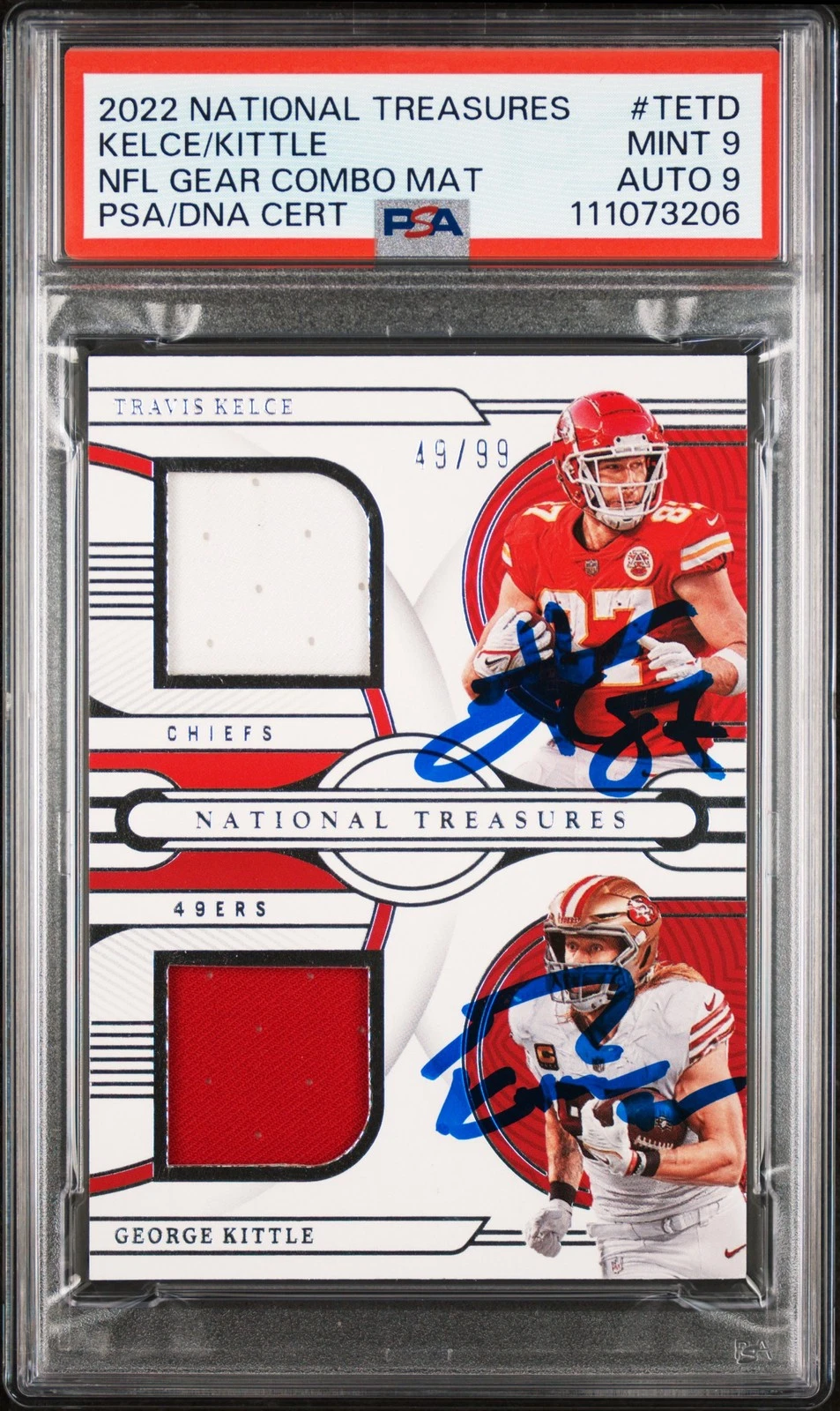 TRAVIS KELCE & GEORGE KITTLE SIGNED 2022 NT GC MAT #TETD CARD GRADE 9 PSA SLAB 2 COLLECTIBLE MEMORABILIA