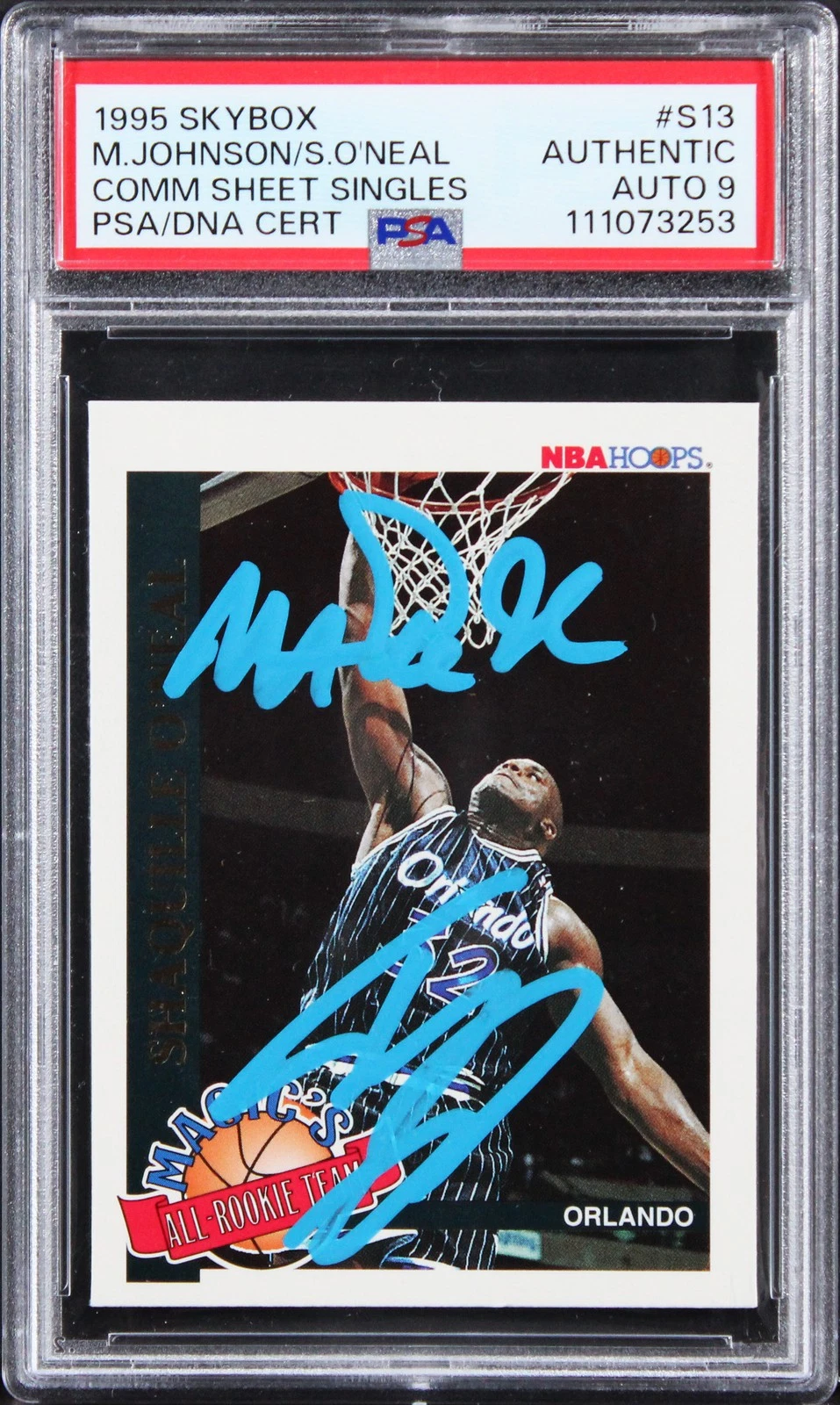 Magic Johnson & Shaquille O'Neal Signed 1995 Skybox #S13 Card Auto 9! PSA Slab