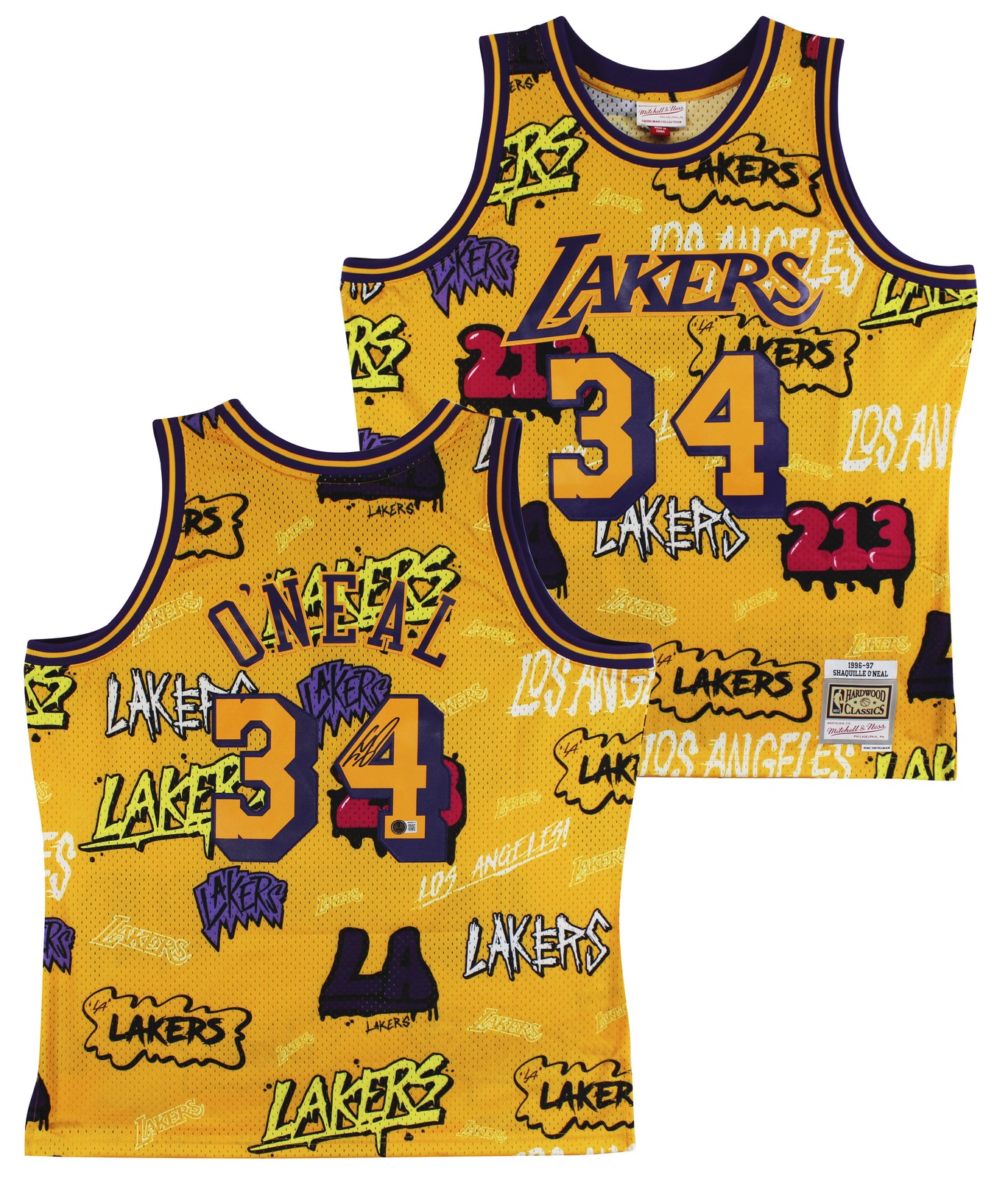 Lakers Shaquille O'Neal Signed Alt Yellow M&N 1996-97 HWC Swingman Jersey BAS W