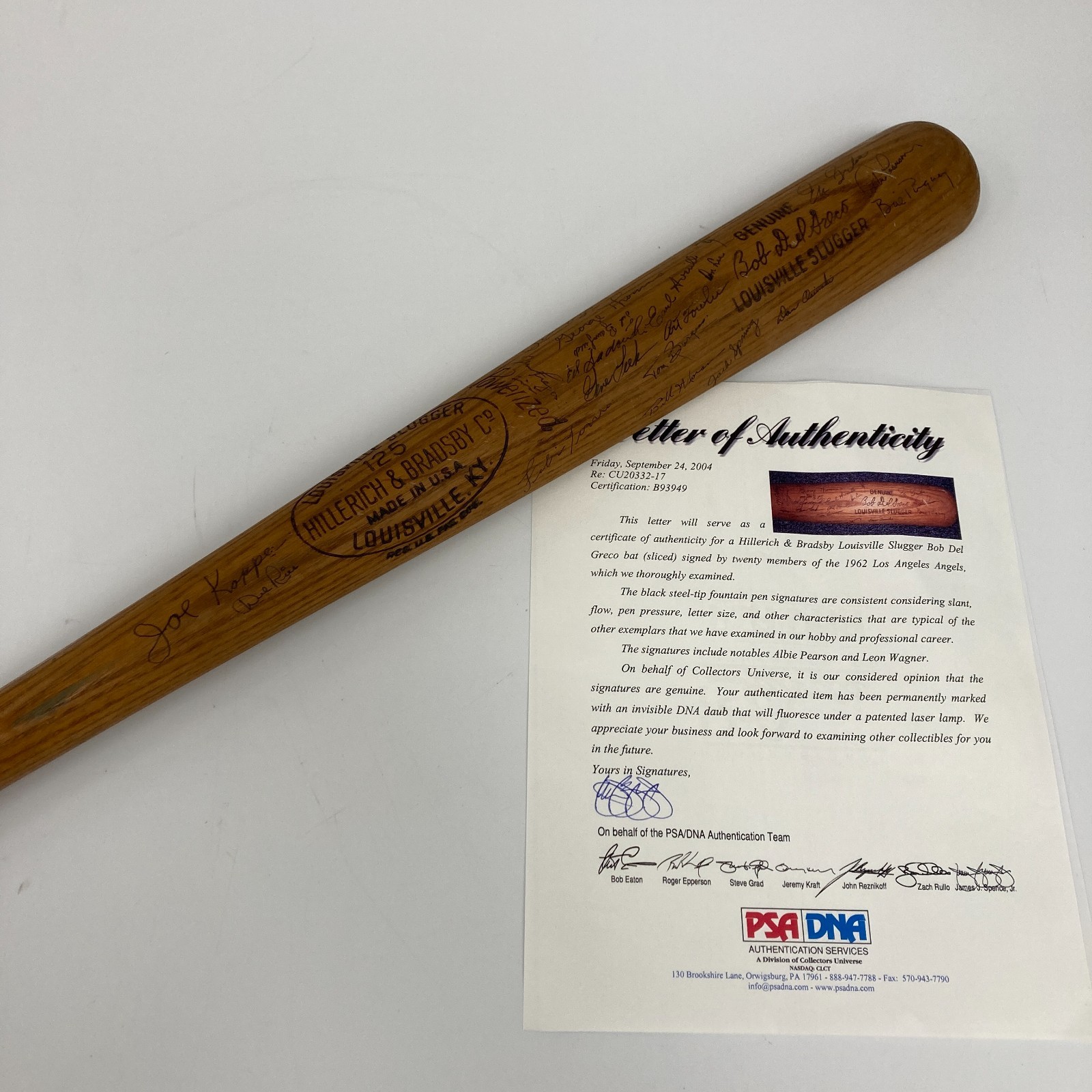 1962 LOS ANGELES ANGELS TEAM SIGNED BOBBY DEL GRECO GAME USED BAT PSA DNA COA COLLECTIBLE MEMORABILIA