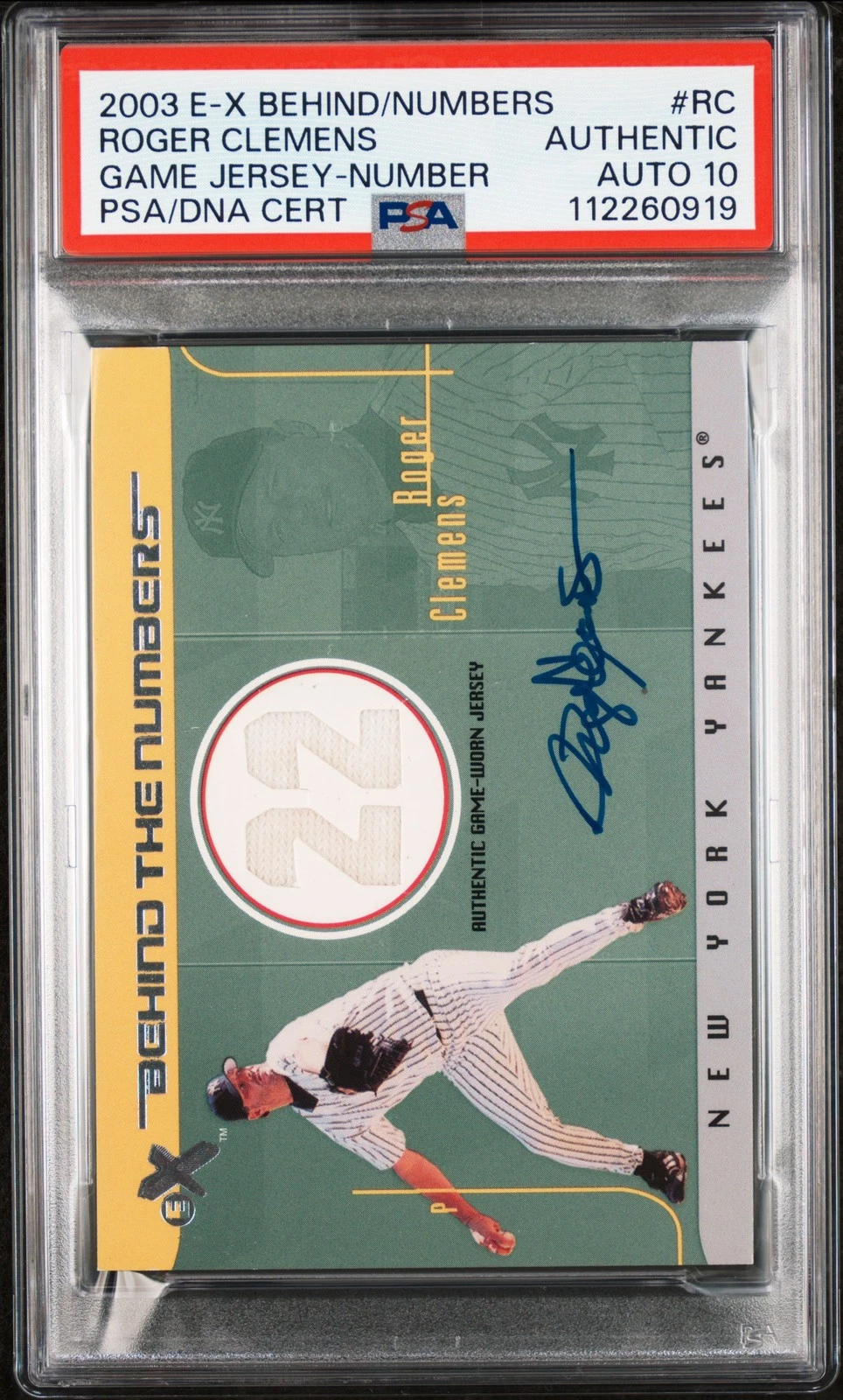 2003 Fleer E-X Behind The Numbers Gm Jrsy #RC Roger Clemens signed PSA A Auto 10