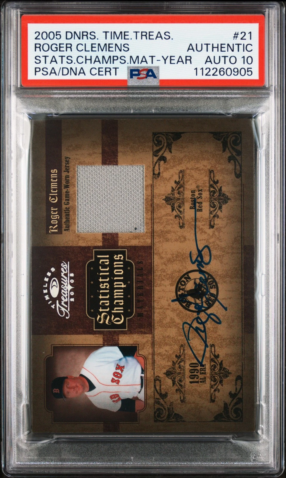 2005 Donruss Tmlss Trsrs Stats Chmps Mats #21 Roger Clemens signed PSA A Auto 10