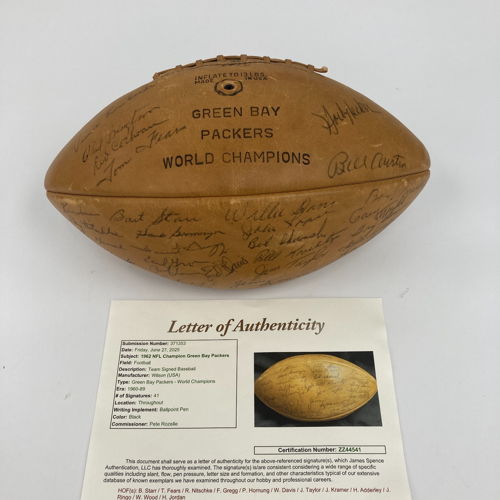 1962 Green Bay Packers NFL Champs Team Signed Football JSA COA