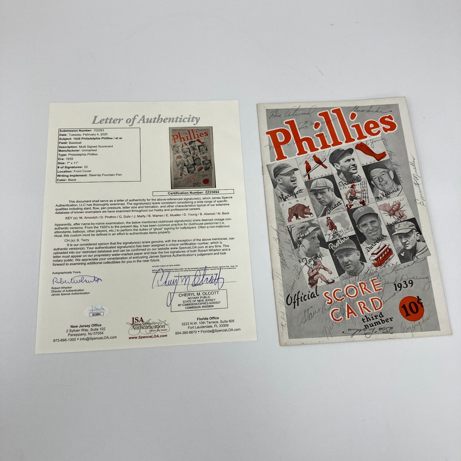 1939 PHILADELPHIA PHILLIES TEAM SIGNED OFFICIAL SCORECARD W/22 SIGNATURES JSA COLLECTIBLE MEMORABILIA