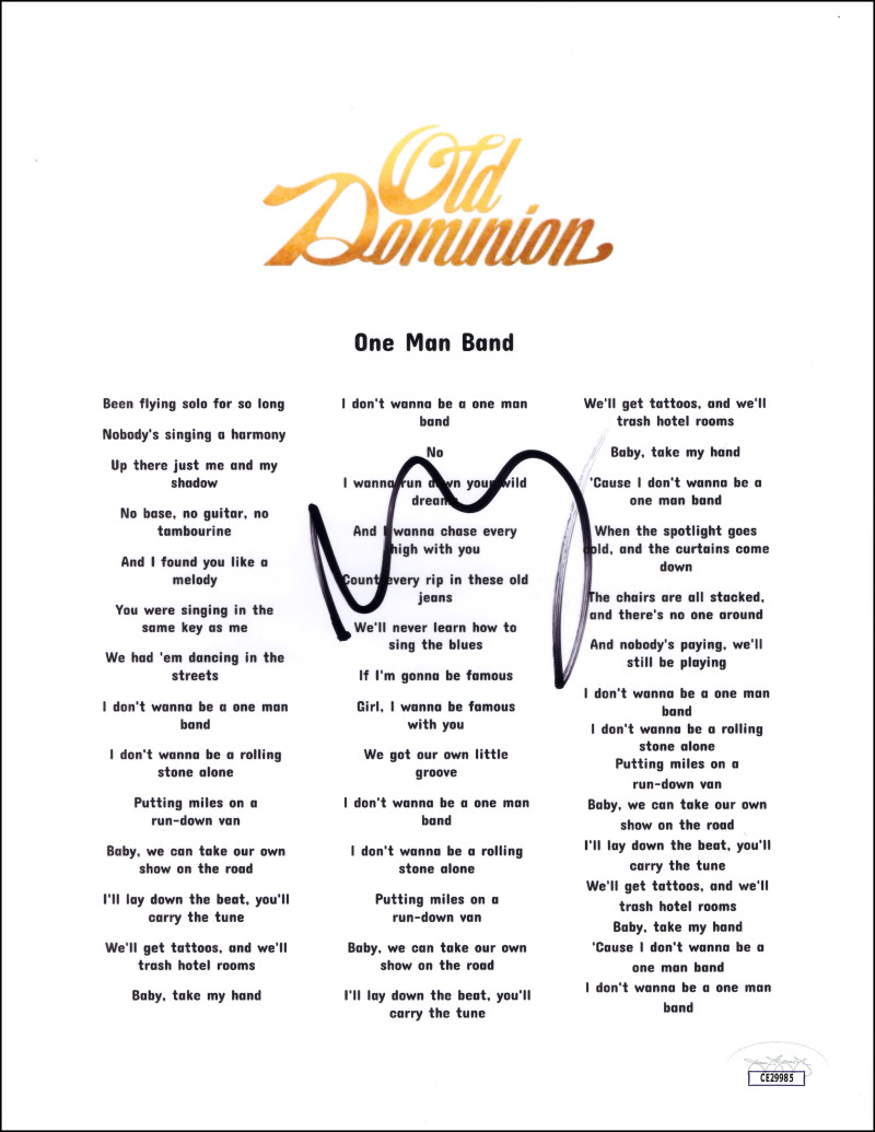 Matthew Ramsey Old Dominion Signed Autograph One Man Band Lyric Sheet JSA COA
