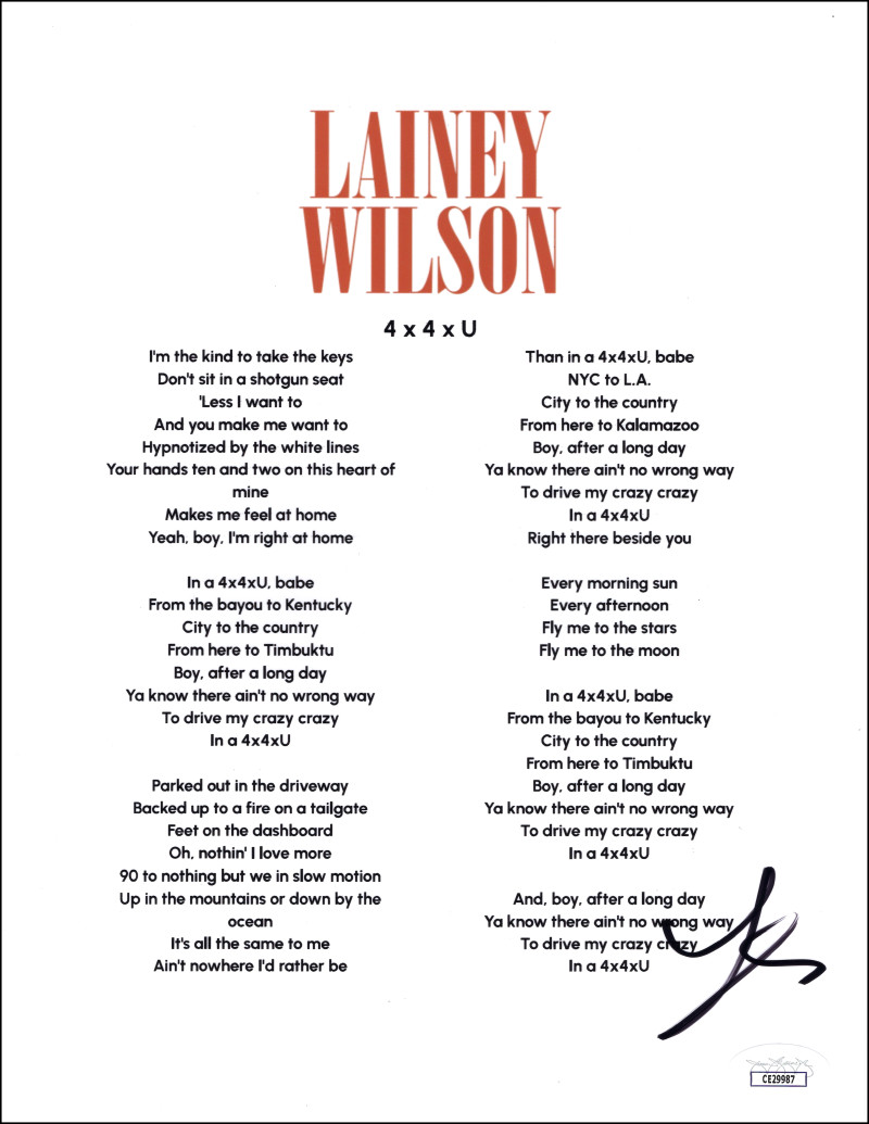 Lainey Wilson Signed Autograph 4 x 4 x U Lyric Sheet Country Music Babe JSA COA