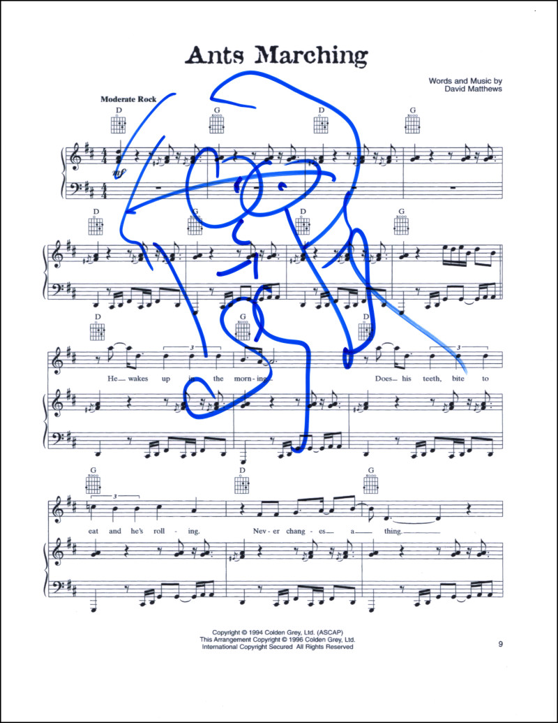Stefan Lessard Signed Autograph Dave Matthews Band Sheet Music w/ Art Sketch