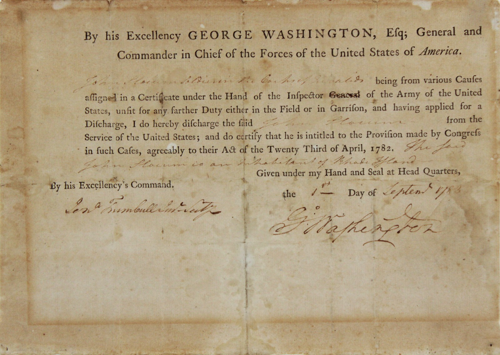 George Washington Signed 8x11.25 1783 Revolutionary War Discharge Document BAS