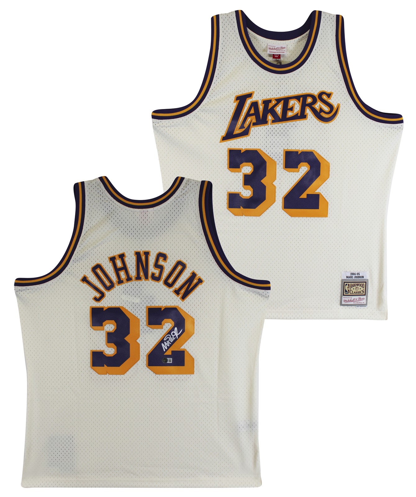 Lakers Magic Johnson Signed Cream 1984-85 M&N HWC Swingman Jersey BAS Witnessed