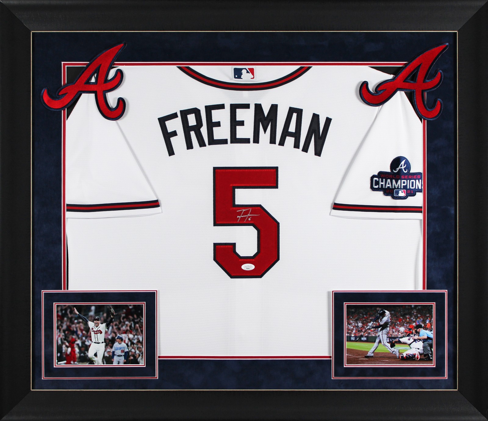 Braves Freddie Freeman Signed White Nike Framed Jersey w/ 2021 WS Patch JSA