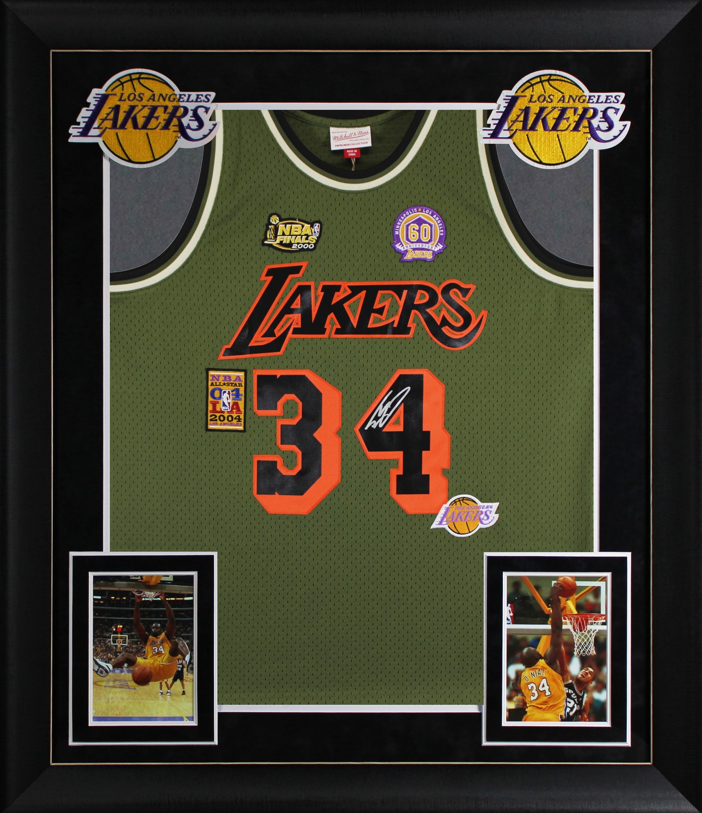 Lakers Shaquille O'Neal Signed Green M&N 96-97 HWC Swingman Framed Jersey BAS W