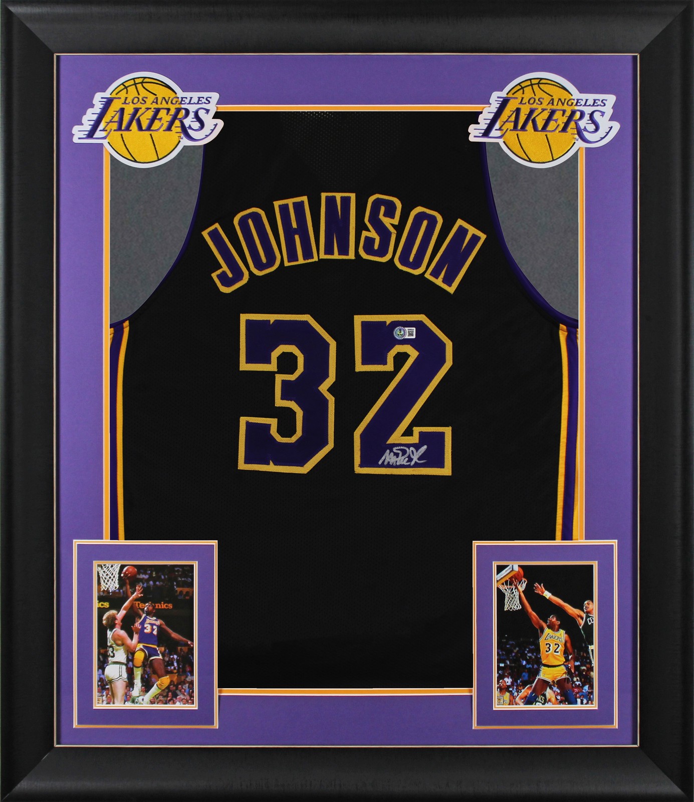 Magic Johnson Signed Black Pro Style Framed Jersey w/ Purple Numbers BAS Wit 2