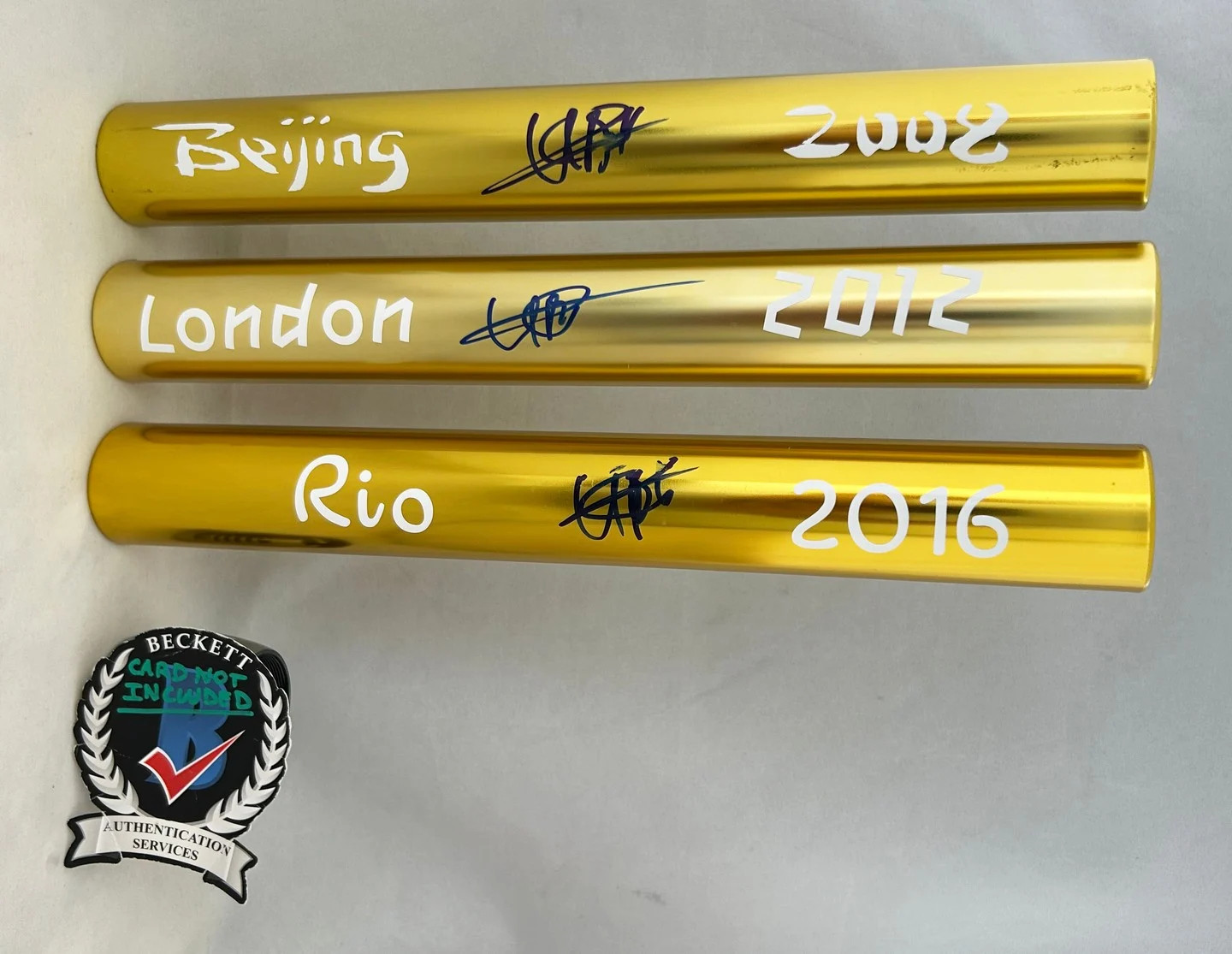 Usain Bolt Signed Baton Set 2008 Beijing 2012 London 2016 Rio Olympics Becket...