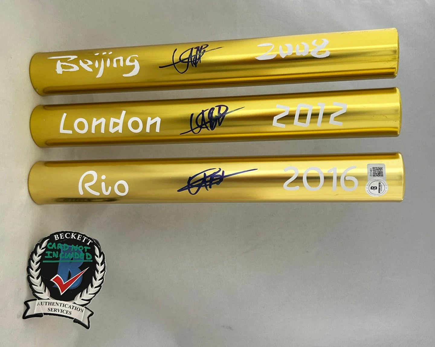 Usain Bolt Signed Baton Set 2008 Beijing 2012 London 2016 Rio Olympics Becket...