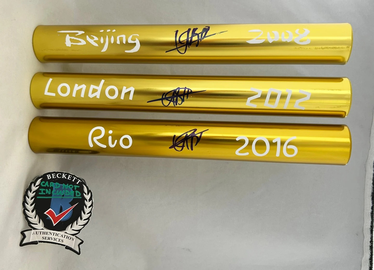 Usain Bolt Signed Baton Set 2008 Beijing 2012 London 2016 Rio Olympics Becket...