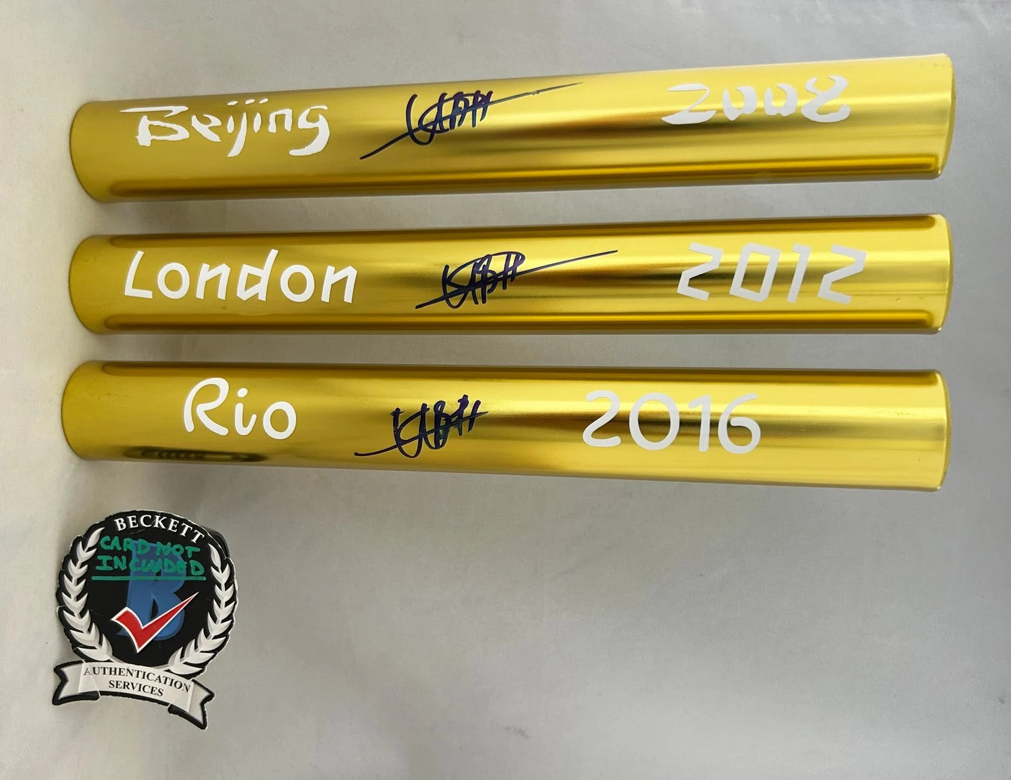 Usain Bolt Signed Baton Set 2008 Beijing 2012 London 2016 Rio Olympics Becket...