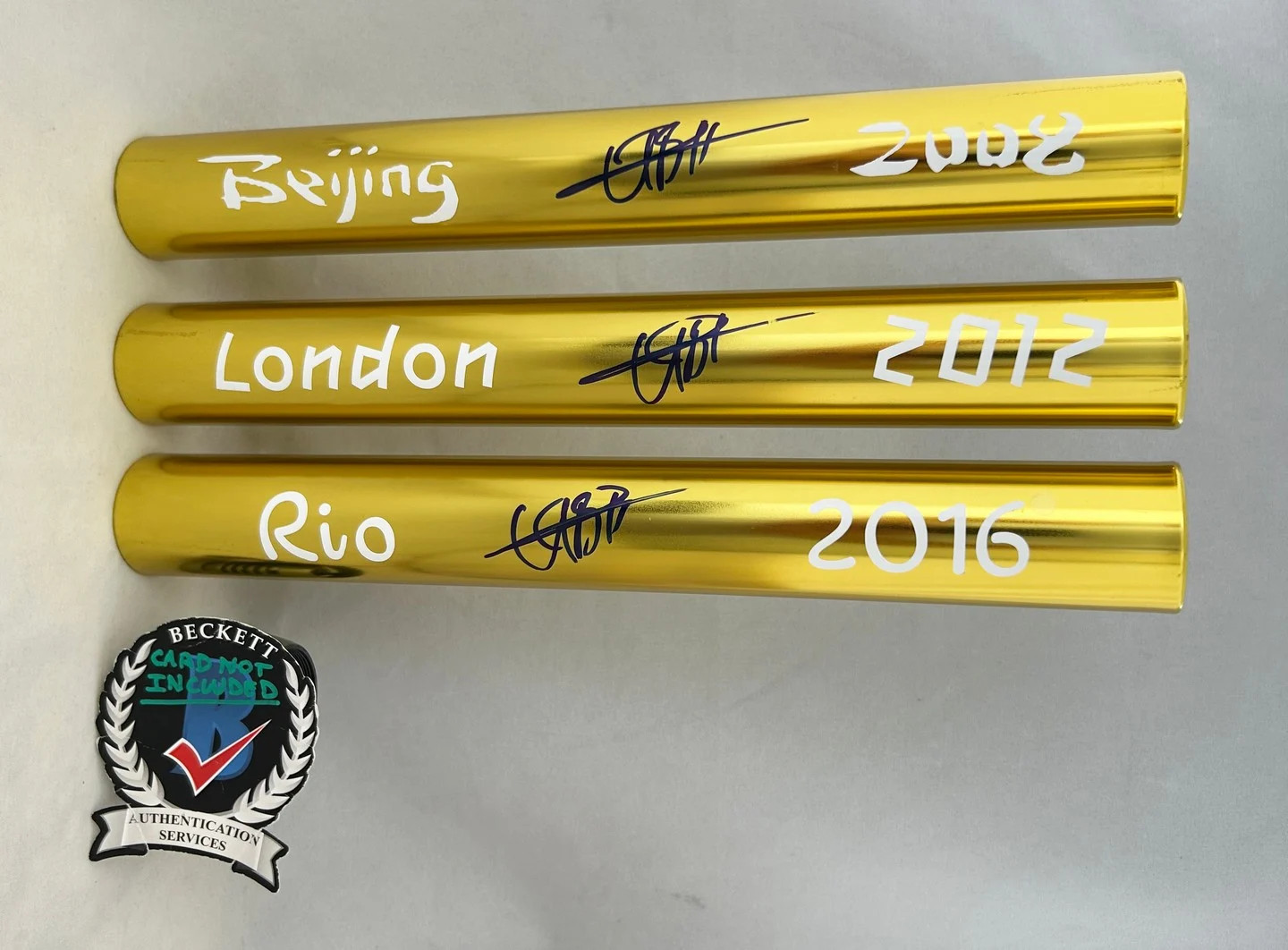 Usain Bolt Signed Baton Set 2008 Beijing 2012 London 2016 Rio Olympics Becket...