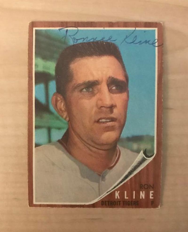 RON KLINE DETROIT TIGERS SIGNED VINTAGE DECEASED 1962 TOPPS CARD #216 W/COA
