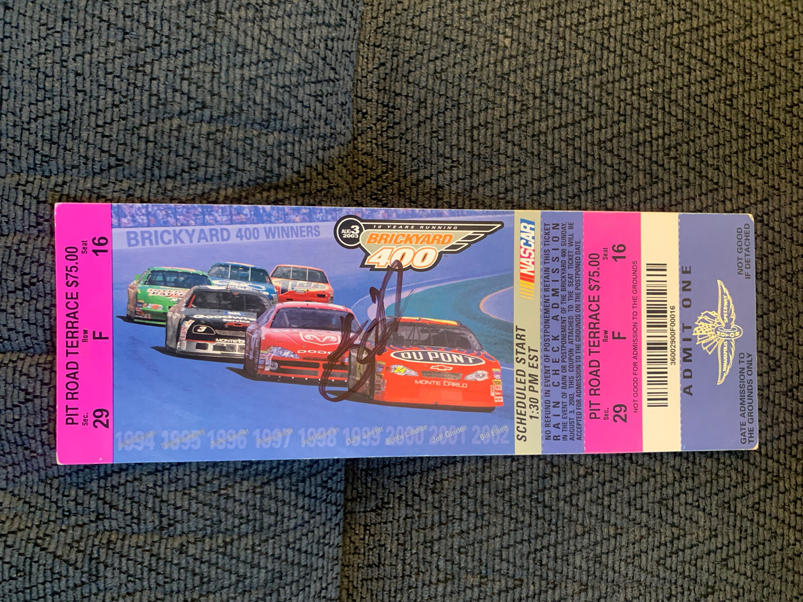2003 Brickyard 400 Winner Kevin Harvick Signed Ticket Stub NASCAR Indianapolis