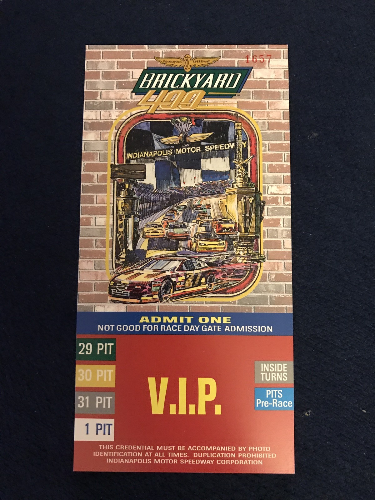 1998 Brickyard 400 Winner Jeff Gordon Hauler Pass TicketStub NASCAR Indianapolis