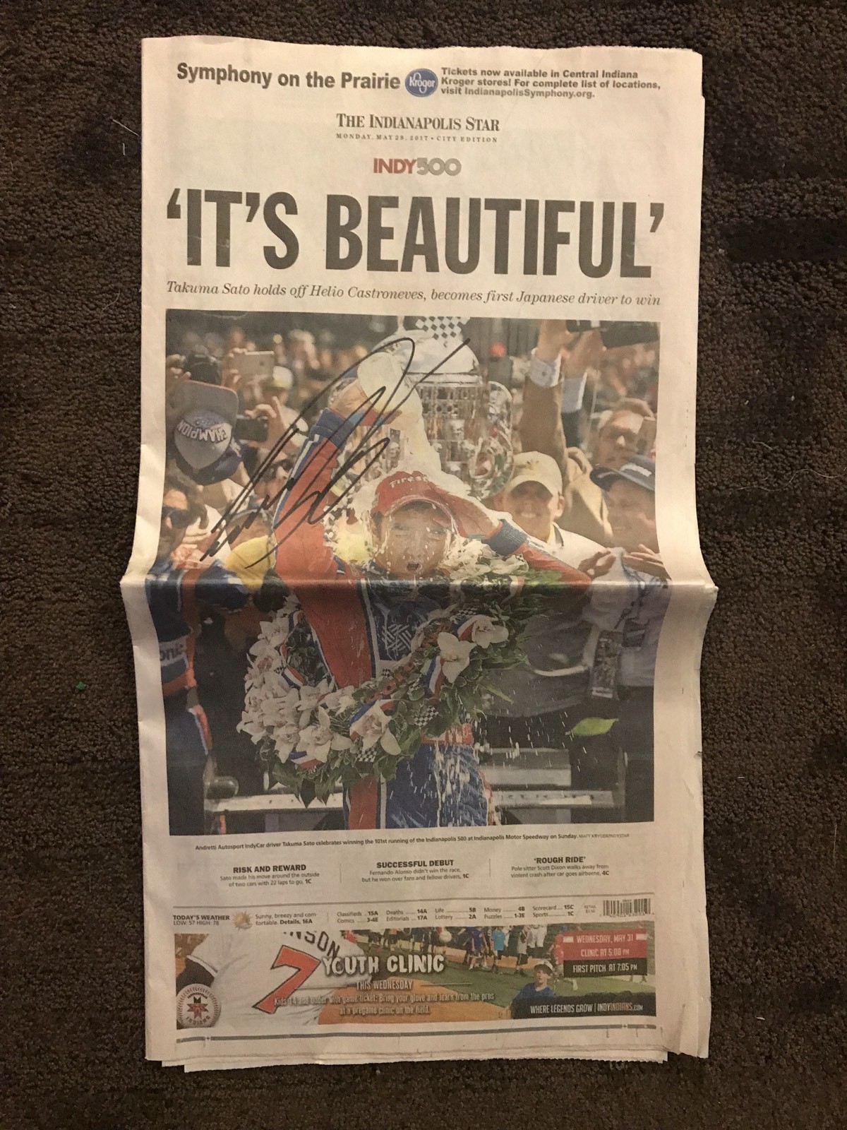 3 Dif 2017 Indy 500 Winner Takuma Sato Signed Newspapers Indianapolis Star Auto