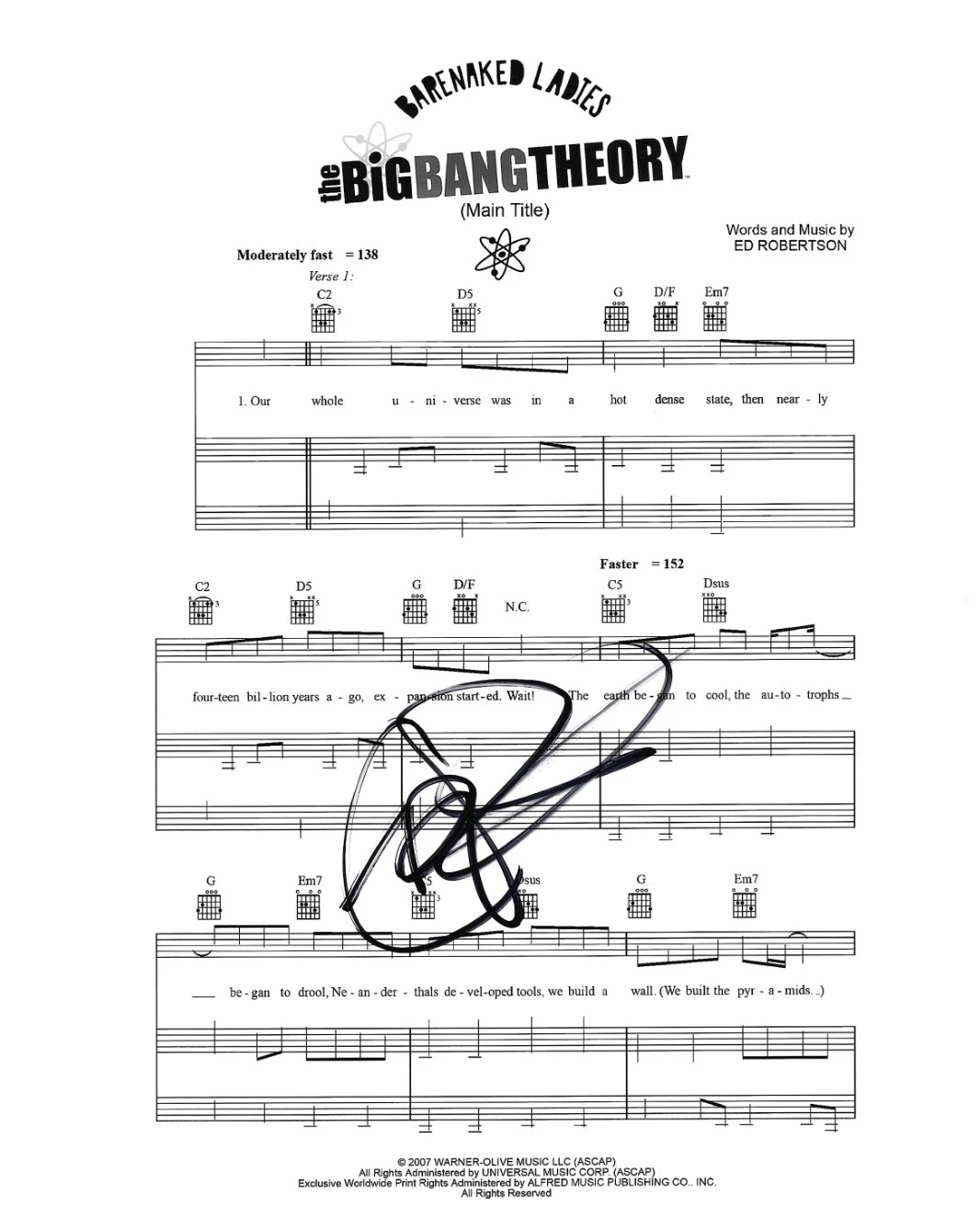 Ed Robertson of Barenaked Ladies REAL SIGNED Big Bang Theory Sheet Music COA