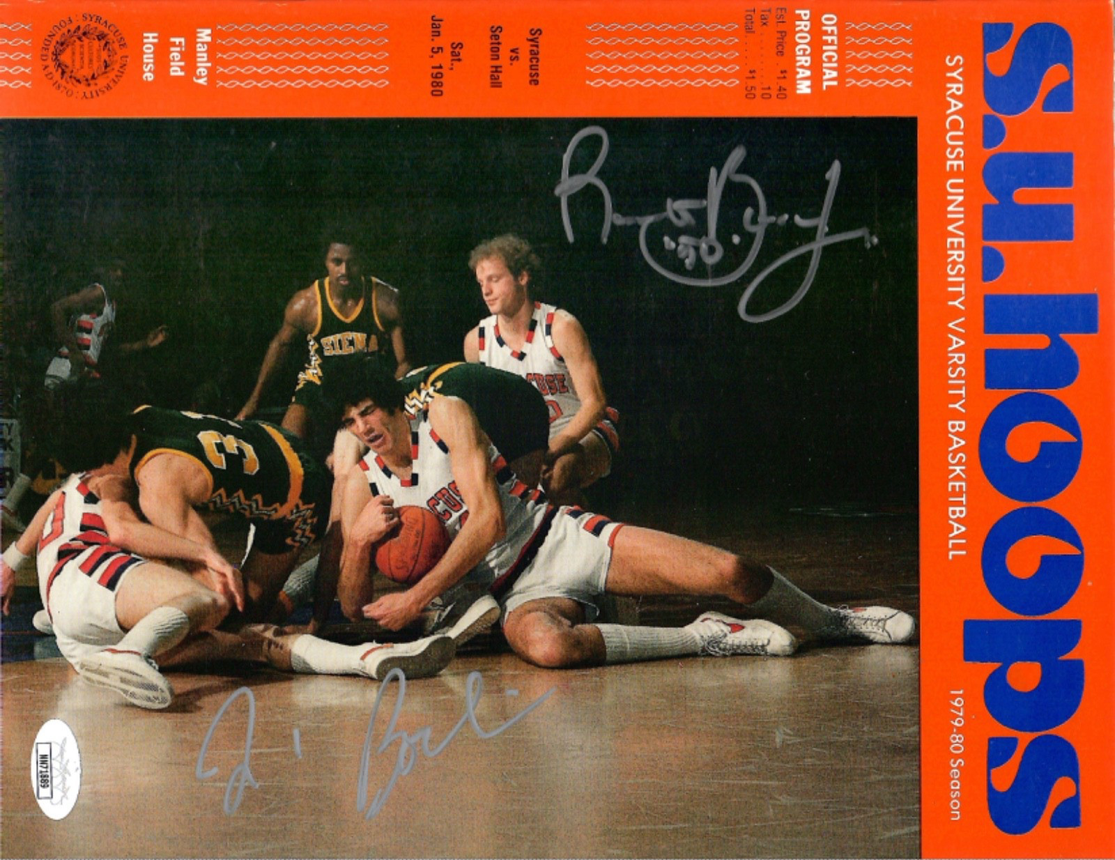 JIM BOEHEIM+ROOSEVELT BOUIE HAND SIGNED 1980 SYRACUSE BK PROGRAM          JSA