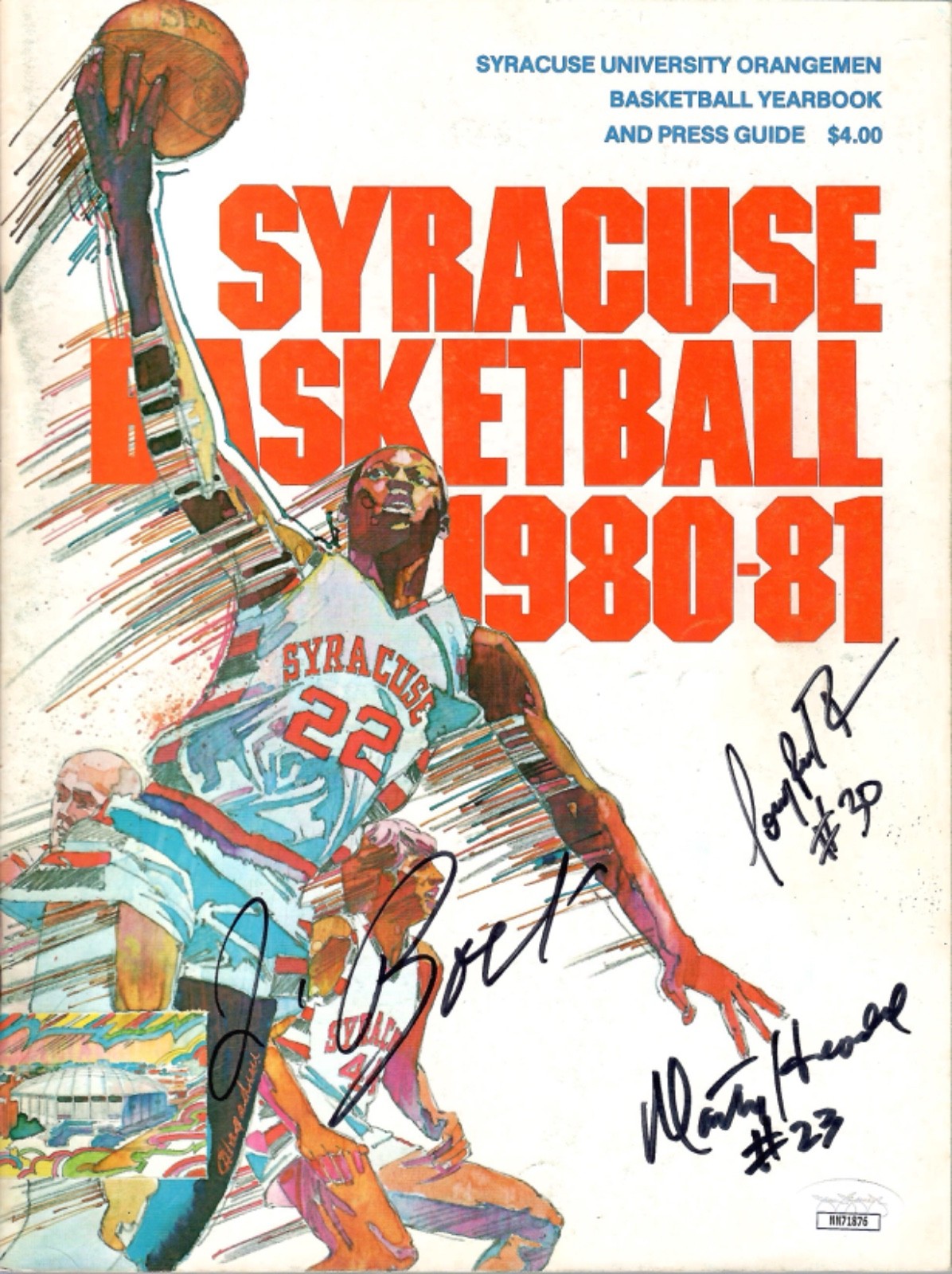 JIM BOEHEIM+HEADD+BRUIN SIGNED 1980-81 SYRACUSE BASKETBALL MEDIA GUIDE       JSA