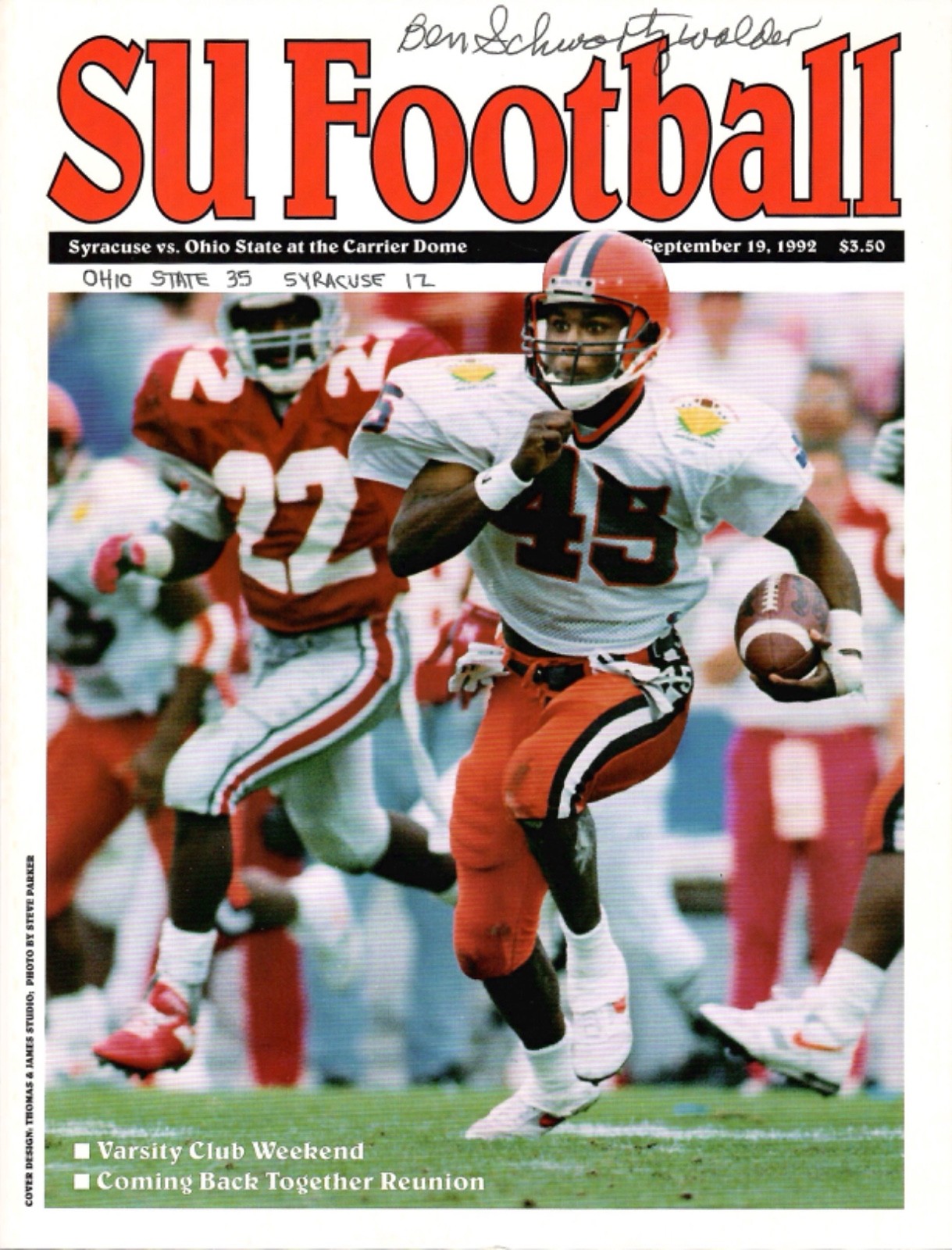 BEN SCHWARTZWALDER HAND SIGNED 1992  SYRACUSE FOOTBALL GAME PROGRAM+COA